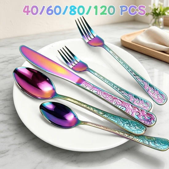 40pcs Vintage Carved Golden Flatware Set For 8pcs Stainless Steel Flatware Set With KnifeForkSpoon Home And Kitchen Flatware Set Dishwasher Safe Rainbow Golden